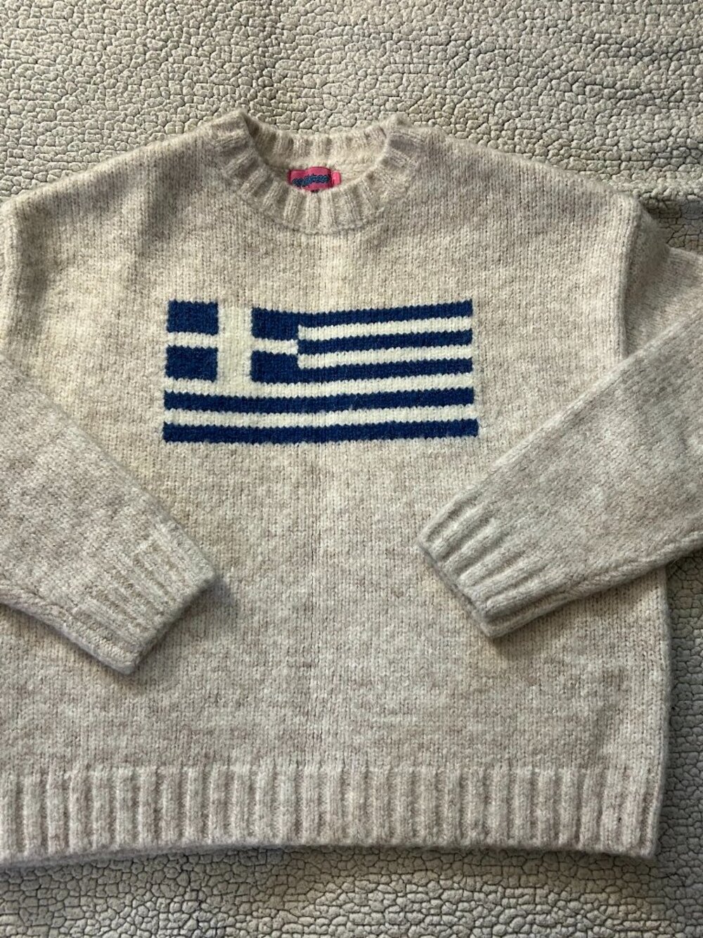 Edikted -- beige chunky sweater, greece flag design